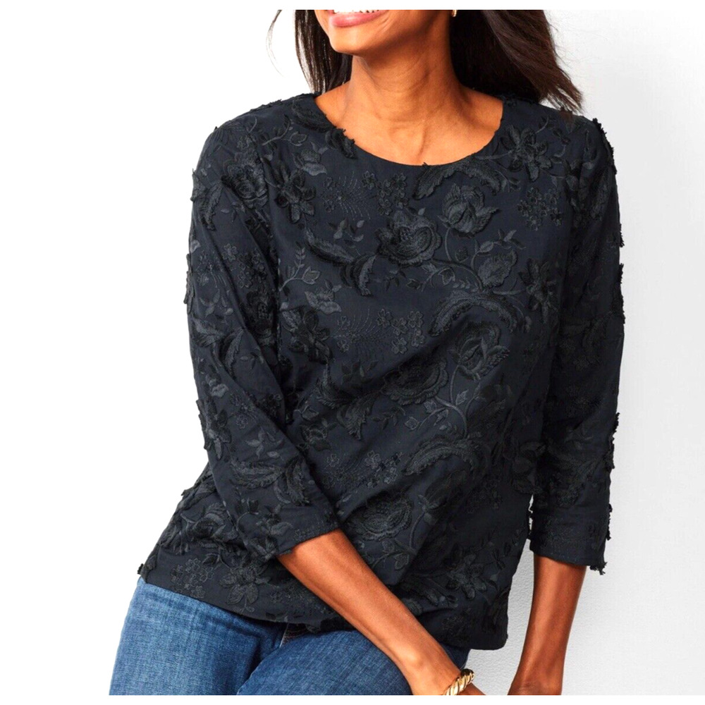 Talbots Black Floral Embroidered Lace Appliqué Tunic Blouse Top Sz 16
